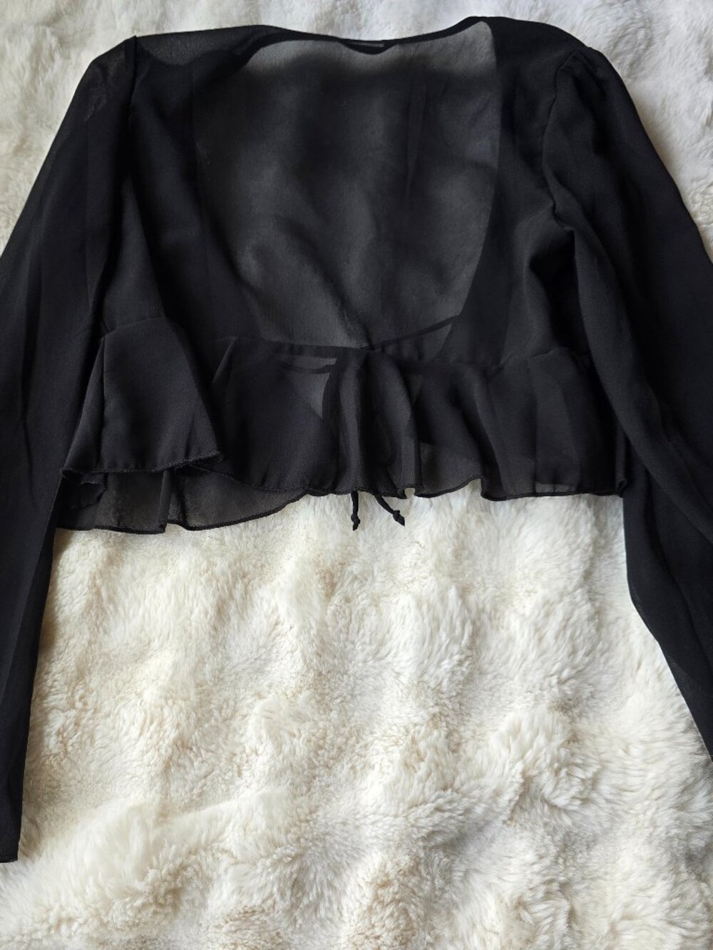 Sheer Black Ruffled Tie Front Cropped blouse